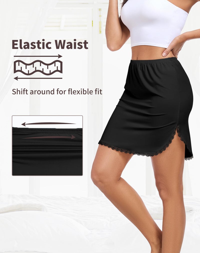 MANCYFIT Half Slips for Women Underskirt Short Mini Skirt with Floral Lace Trim Black Medium - Image 2
